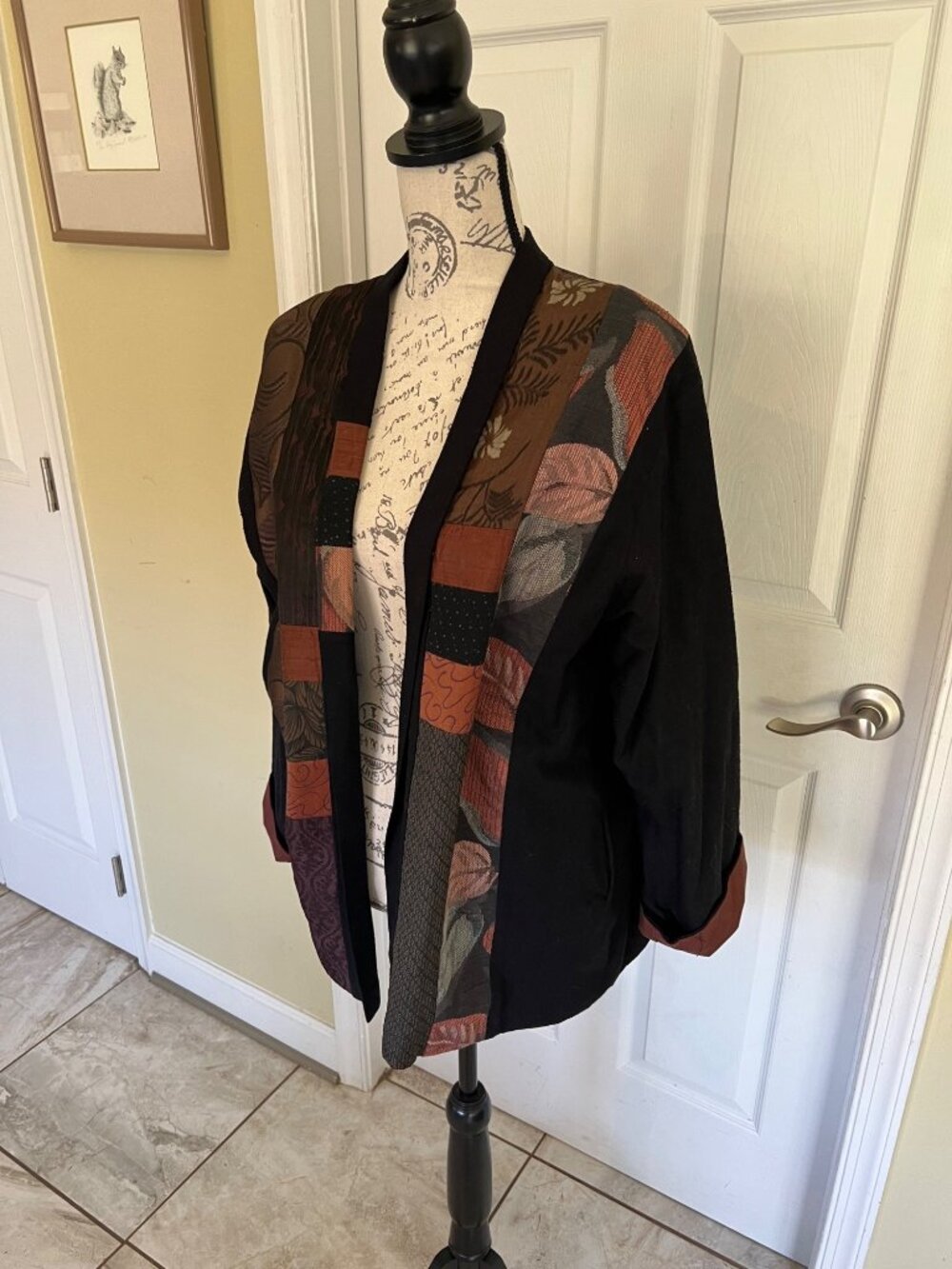 Anna Brown Open Blazer Jacket Patchwork Quilt Art to Wear Casual Neutral Small - Picture 3 of 9